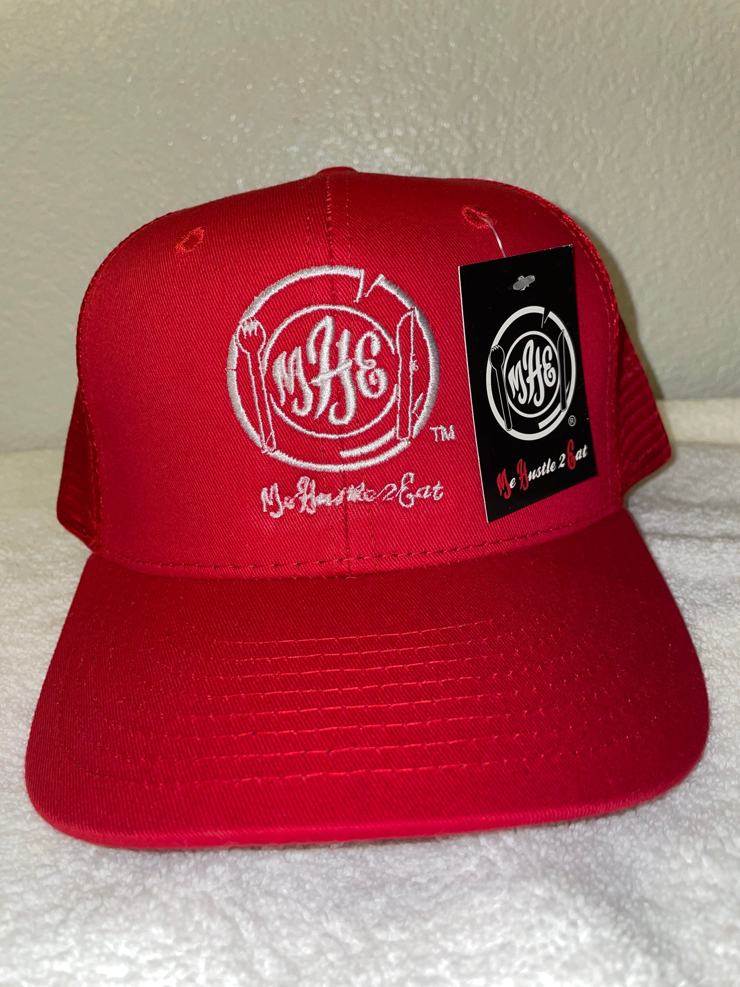 Me Hustle 2 Eat Trucker Hat w/Mesh Back - Embroidered Plate Logo