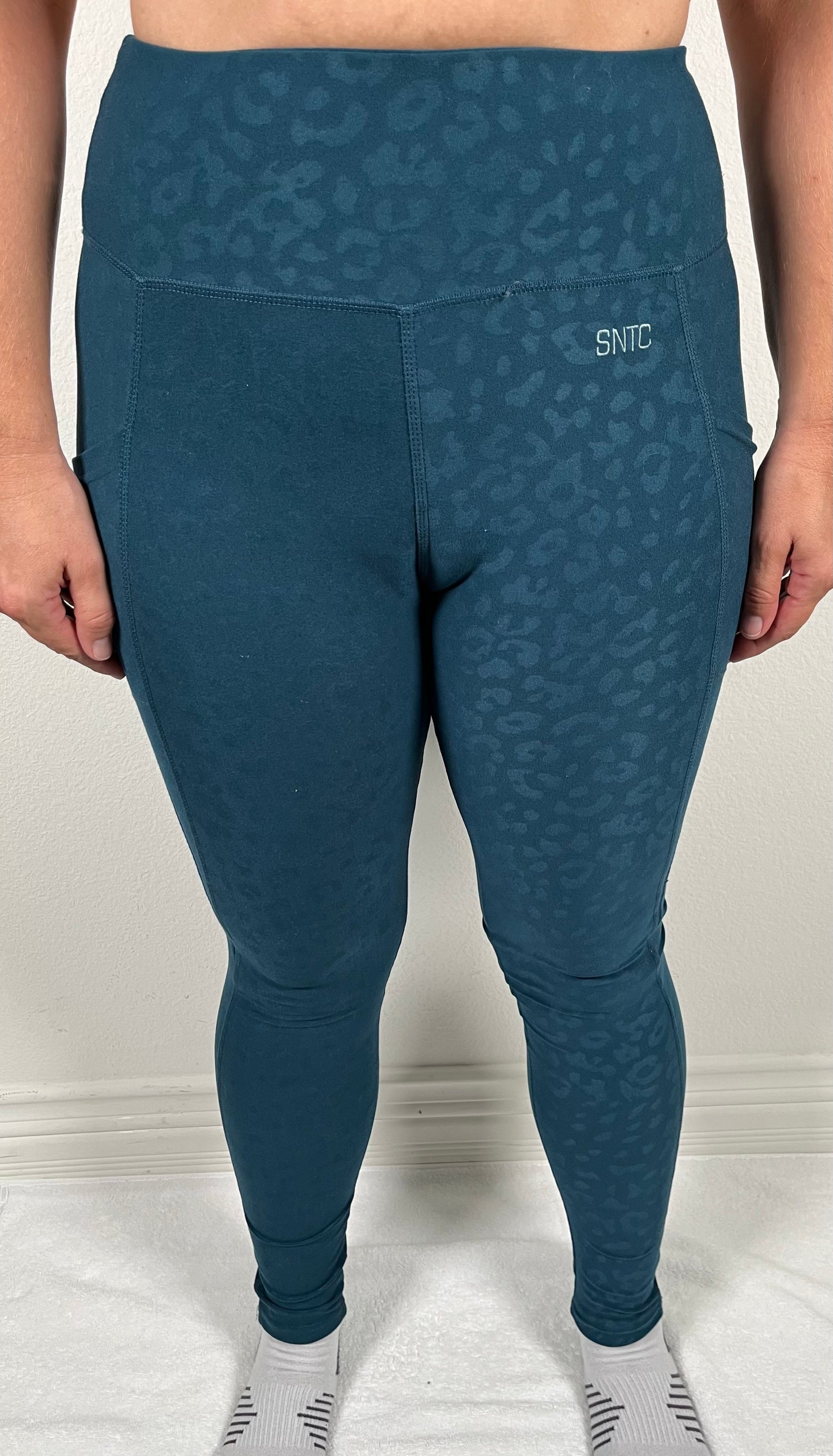 High Waisted Fitted Leopard Leggings with Pockets - Embroidered SNTC Logo